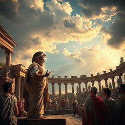 a dramatic and powerful depiction of a classical Latin scene, featuring an eloquent Roman orator delivering a speech in an amphitheater, surrounded by attentive citizens in traditional Roman togas, with intricate columns and statues in the background, the sky filled with dramatic clouds illuminating the scene with golden rays, capturing a sense of history and significance