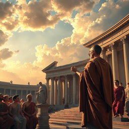 a dramatic and powerful depiction of a classical Latin scene, featuring an eloquent Roman orator delivering a speech in an amphitheater, surrounded by attentive citizens in traditional Roman togas, with intricate columns and statues in the background, the sky filled with dramatic clouds illuminating the scene with golden rays, capturing a sense of history and significance