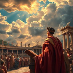 a dramatic and powerful depiction of a classical Latin scene, featuring an eloquent Roman orator delivering a speech in an amphitheater, surrounded by attentive citizens in traditional Roman togas, with intricate columns and statues in the background, the sky filled with dramatic clouds illuminating the scene with golden rays, capturing a sense of history and significance