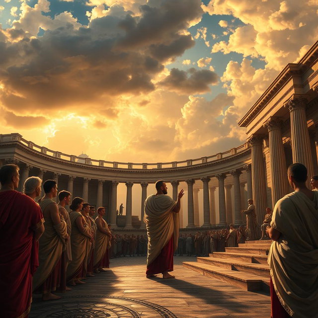 a dramatic and powerful depiction of a classical Latin scene, featuring an eloquent Roman orator delivering a speech in an amphitheater, surrounded by attentive citizens in traditional Roman togas, with intricate columns and statues in the background, the sky filled with dramatic clouds illuminating the scene with golden rays, capturing a sense of history and significance