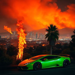 A striking night scene of Los Angeles engulfed in flames, with an orange glow filling the sky from the raging fire