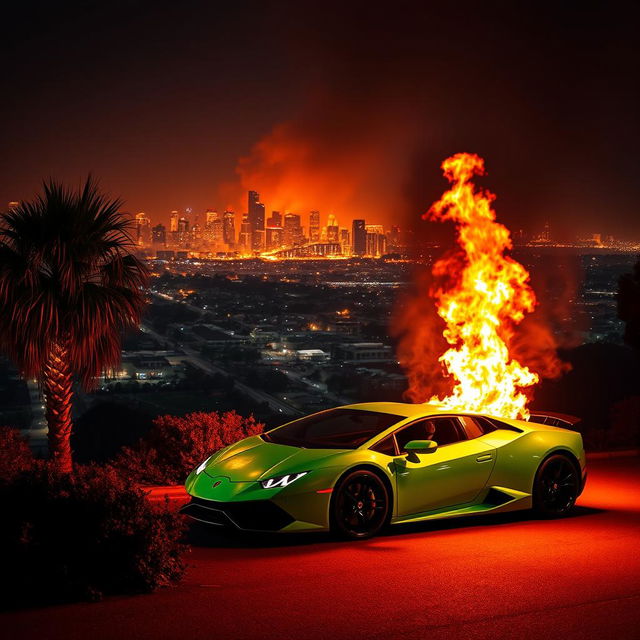 A striking night scene of Los Angeles engulfed in flames, with an orange glow filling the sky from the raging fire