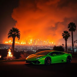 A striking night scene of Los Angeles engulfed in flames, with an orange glow filling the sky from the raging fire