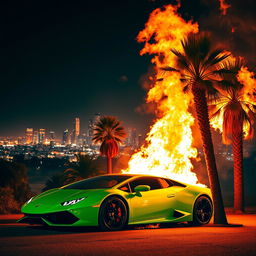A striking night scene of Los Angeles engulfed in flames, with an orange glow filling the sky from the raging fire
