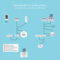 A detailed network design for a two-floor school building with two rooms per floor, carefully accommodating the specified devices: First floor, Room 1 with 5 computers and 3 laptops, and Room 2 with 3 laptops and 10 mobile devices