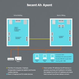 A detailed network design for a two-floor school building with two rooms per floor, carefully accommodating the specified devices: First floor, Room 1 with 5 computers and 3 laptops, and Room 2 with 3 laptops and 10 mobile devices
