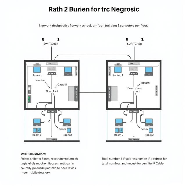 A detailed network design for a two-floor school building with two rooms per floor, carefully accommodating the specified devices: First floor, Room 1 with 5 computers and 3 laptops, and Room 2 with 3 laptops and 10 mobile devices