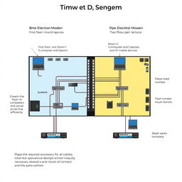 A detailed network design for a two-floor school building with two rooms per floor, carefully accommodating the specified devices: First floor, Room 1 with 5 computers and 3 laptops, and Room 2 with 3 laptops and 10 mobile devices