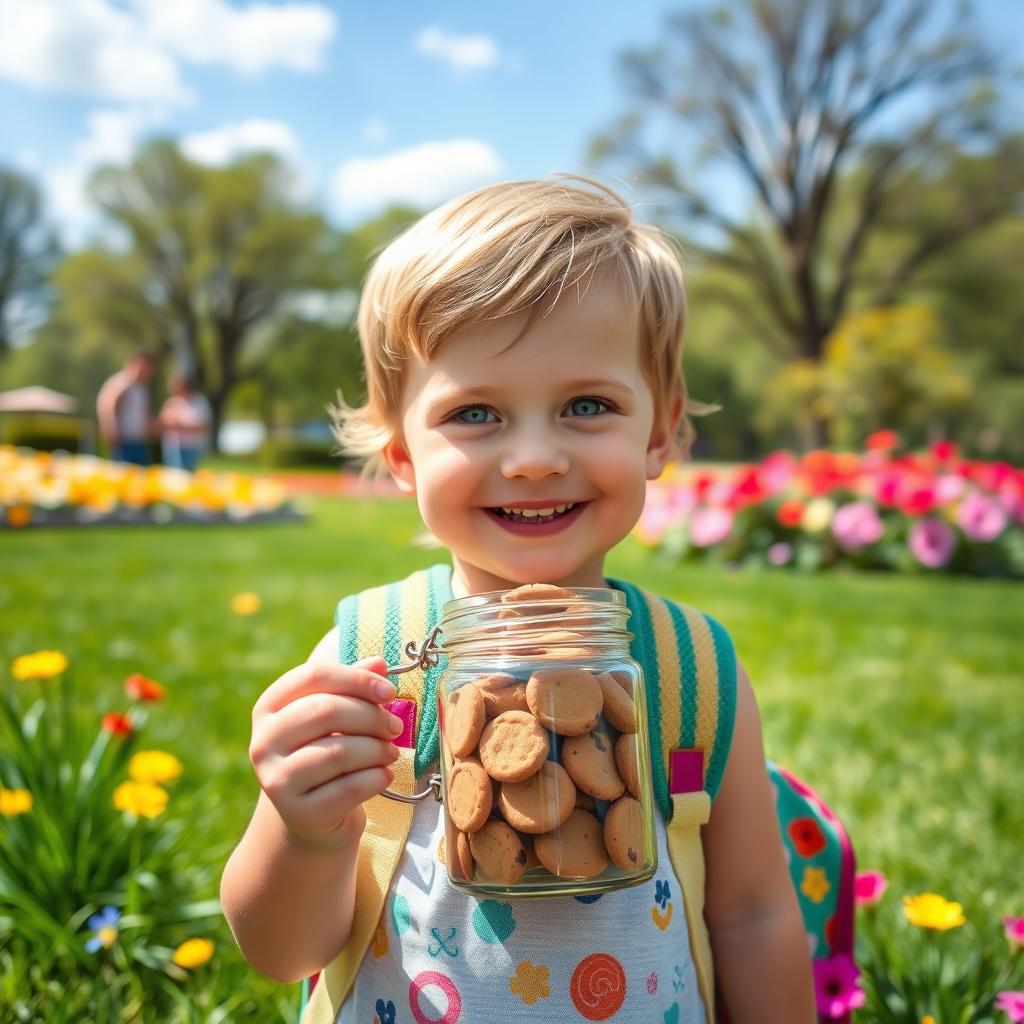 A cheerful child with bright blue eyes, wearing a colorful backpack on his back, holding a jar full of delicious cookies in one hand