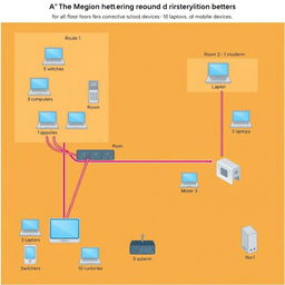 A detailed diagram illustrating the network design for a two-floor school building with specific devices in each room