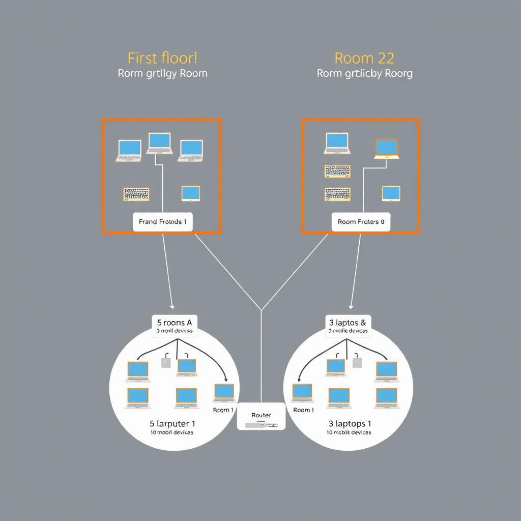 A detailed diagram illustrating the network design for a two-floor school building with specific devices in each room