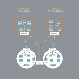 A detailed diagram illustrating the network design for a two-floor school building with specific devices in each room
