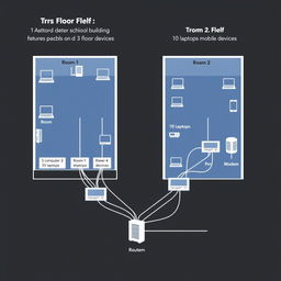 A detailed diagram illustrating the network design for a two-floor school building with specific devices in each room