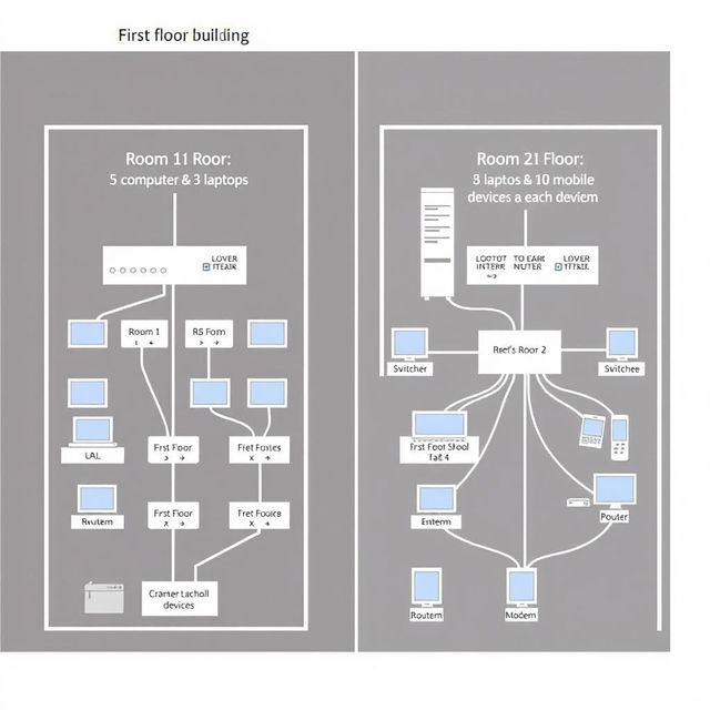 A detailed diagram illustrating the network design for a two-floor school building with specific devices in each room