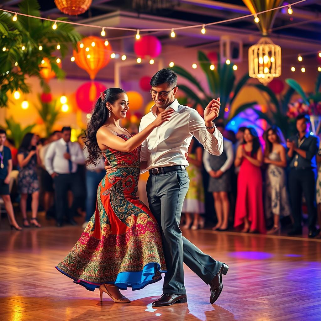 A vibrant scene capturing the energy of Latin dancing, featuring a couple elegantly dancing the salsa