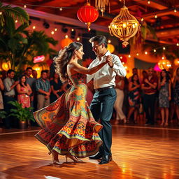 A vibrant scene capturing the energy of Latin dancing, featuring a couple elegantly dancing the salsa