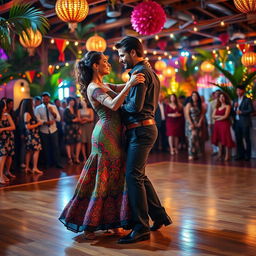 A vibrant scene capturing the energy of Latin dancing, featuring a couple elegantly dancing the salsa