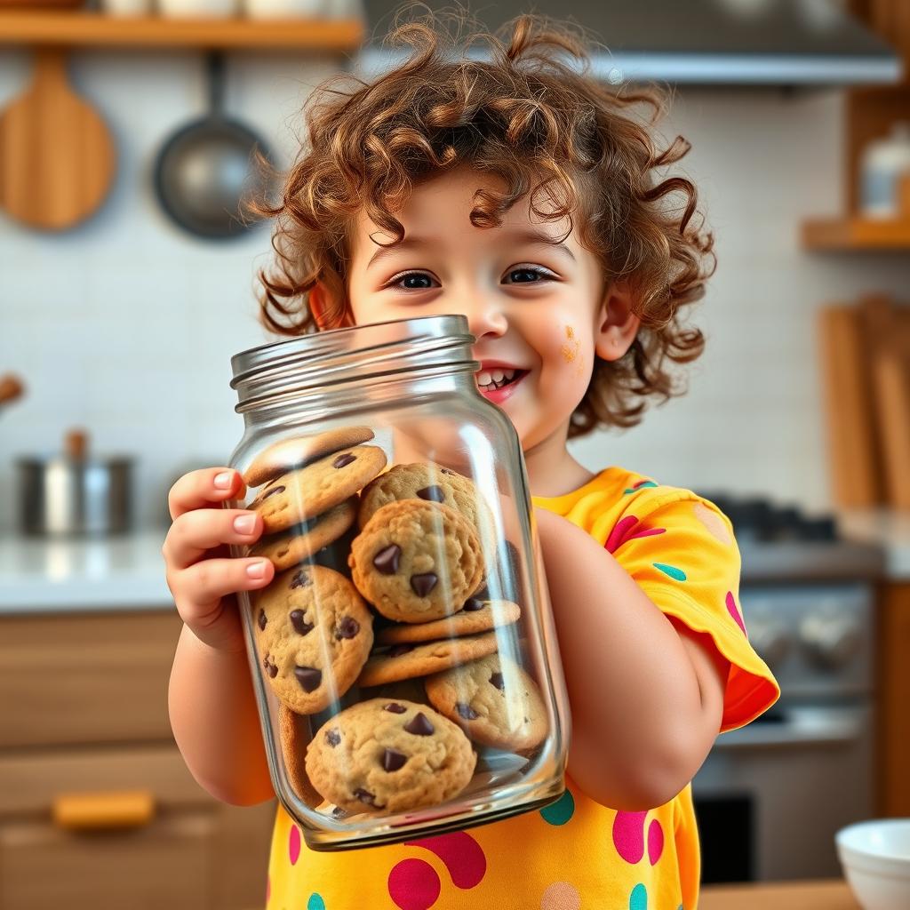 A cute child with curly hair, wearing a bright colorful t-shirt, happily holding a large glass jar filled with a variety of delicious cookies, including chocolate chip, oatmeal raisin, and sugar cookies