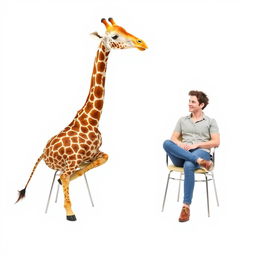 A whimsical scene featuring a giraffe peacefully sitting on a chair next to a person also seated on a chair