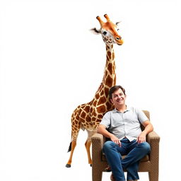A whimsical scene featuring a giraffe peacefully sitting on a chair next to a person also seated on a chair