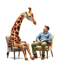 A whimsical scene featuring a giraffe peacefully sitting on a chair next to a person also seated on a chair