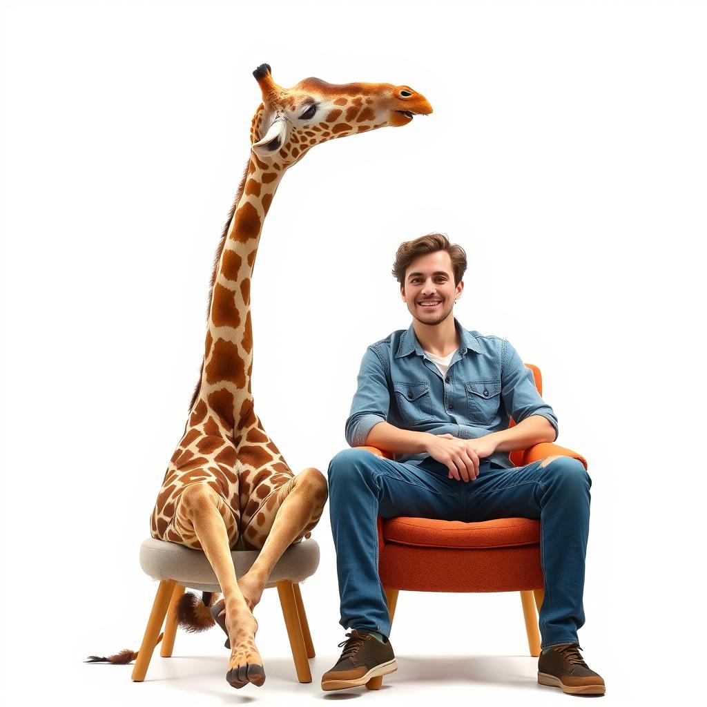 A whimsical scene featuring a giraffe peacefully sitting on a chair next to a person also seated on a chair