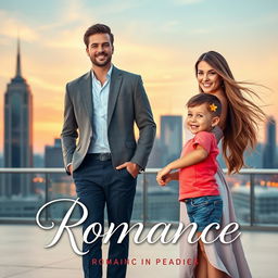 A captivating romance book cover featuring a beautiful young woman with long flowing hair and a warm smile, standing confidently in a stylish dress
