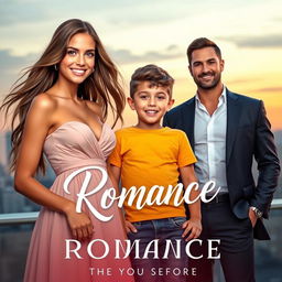 A captivating romance book cover featuring a beautiful young woman with long flowing hair and a warm smile, standing confidently in a stylish dress