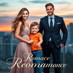 A captivating romance book cover featuring a beautiful young woman with long flowing hair and a warm smile, standing confidently in a stylish dress