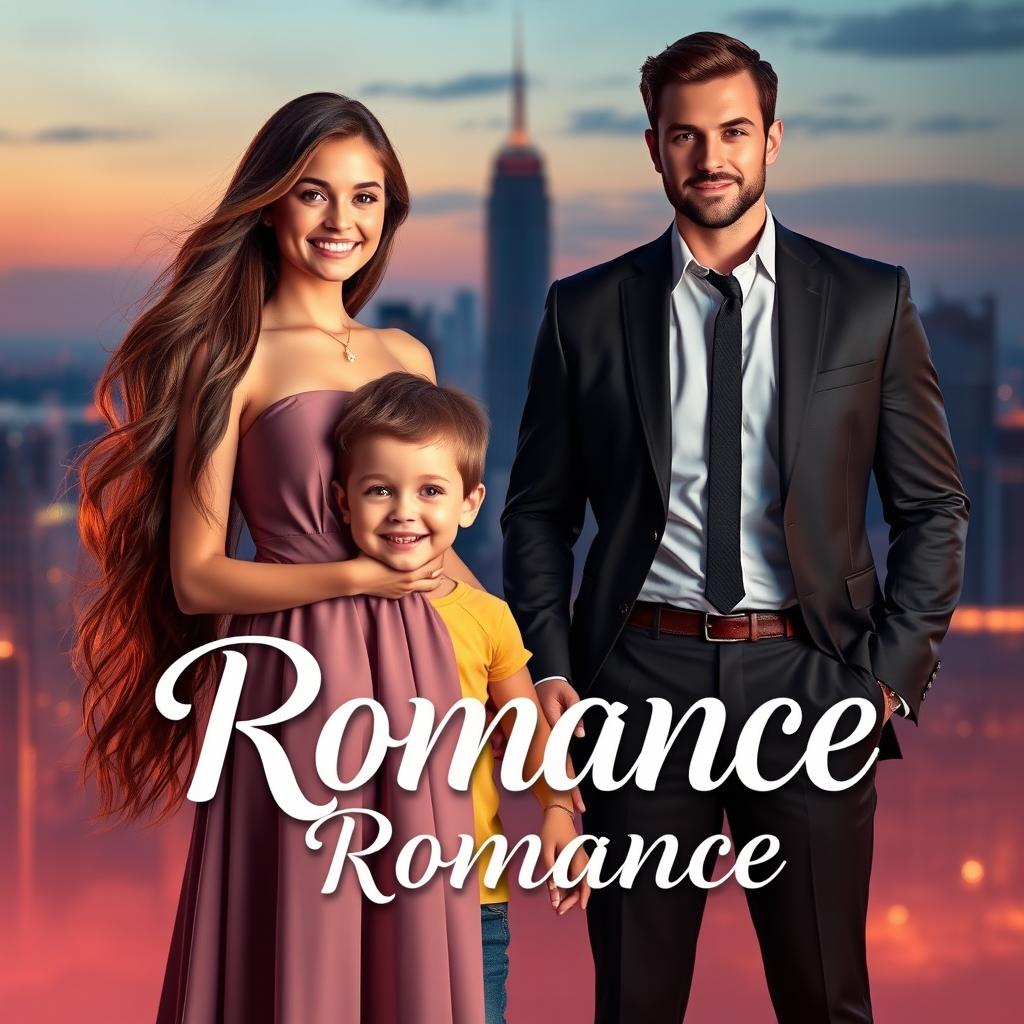 A captivating romance book cover featuring a beautiful young woman with long flowing hair and a warm smile, standing confidently in a stylish dress