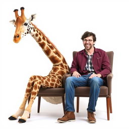 A whimsical scene featuring a giraffe gently sitting on a chair next to a person who is also seated on a chair