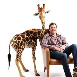 A whimsical scene featuring a giraffe gently sitting on a chair next to a person who is also seated on a chair