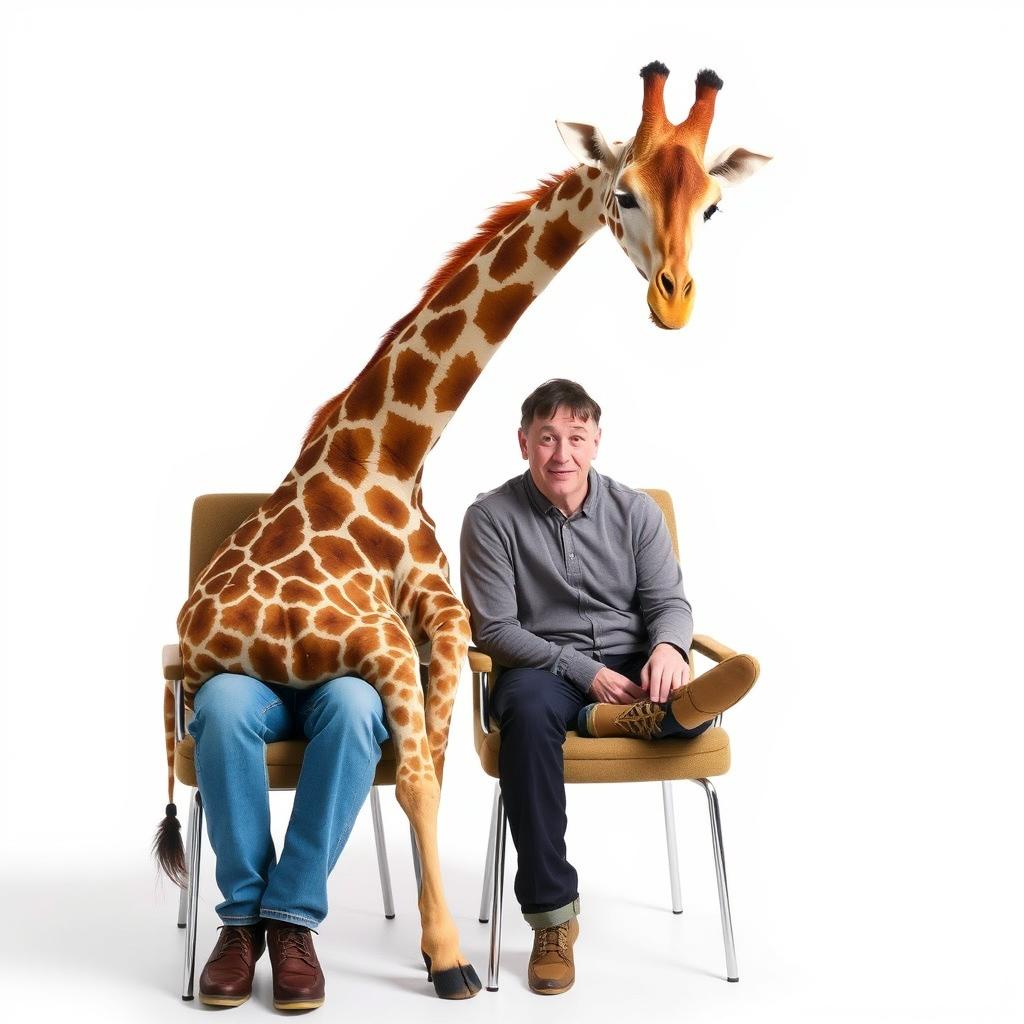 A whimsical scene featuring a giraffe gently sitting on a chair next to a person who is also seated on a chair