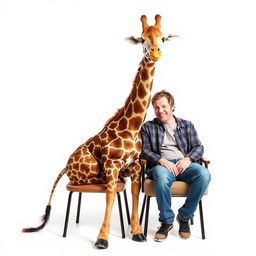 A whimsical scene featuring a giraffe gently sitting on a chair next to a person who is also seated on a chair