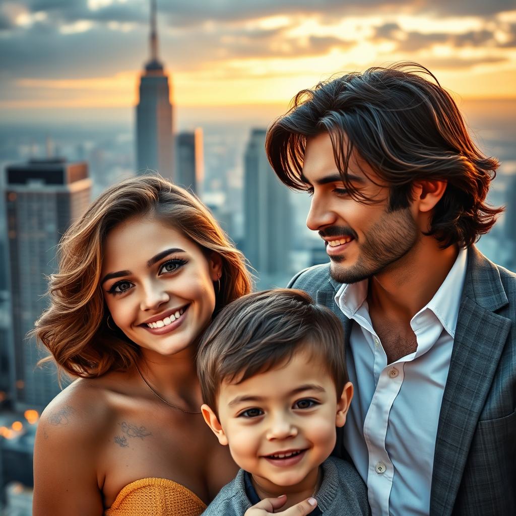 A captivating romance novel cover featuring a beautiful young woman with wavy hair and a warm smile, alongside an adorable 6-year-old boy with bright eyes and a playful demeanor