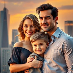 A captivating romance novel cover featuring a beautiful young woman with wavy hair and a warm smile, alongside an adorable 6-year-old boy with bright eyes and a playful demeanor