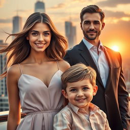 A captivating romance novel cover featuring a beautiful young woman with flowing hair and a warm smile, standing elegantly beside a charming 6-year-old boy with bright eyes and a playful grin