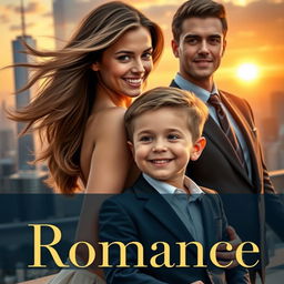 A captivating romance novel cover featuring a beautiful young woman with flowing hair and a warm smile, standing elegantly beside a charming 6-year-old boy with bright eyes and a playful grin