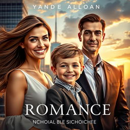 A captivating romance novel cover featuring a beautiful young woman with flowing hair and a warm smile, standing elegantly beside a charming 6-year-old boy with bright eyes and a playful grin