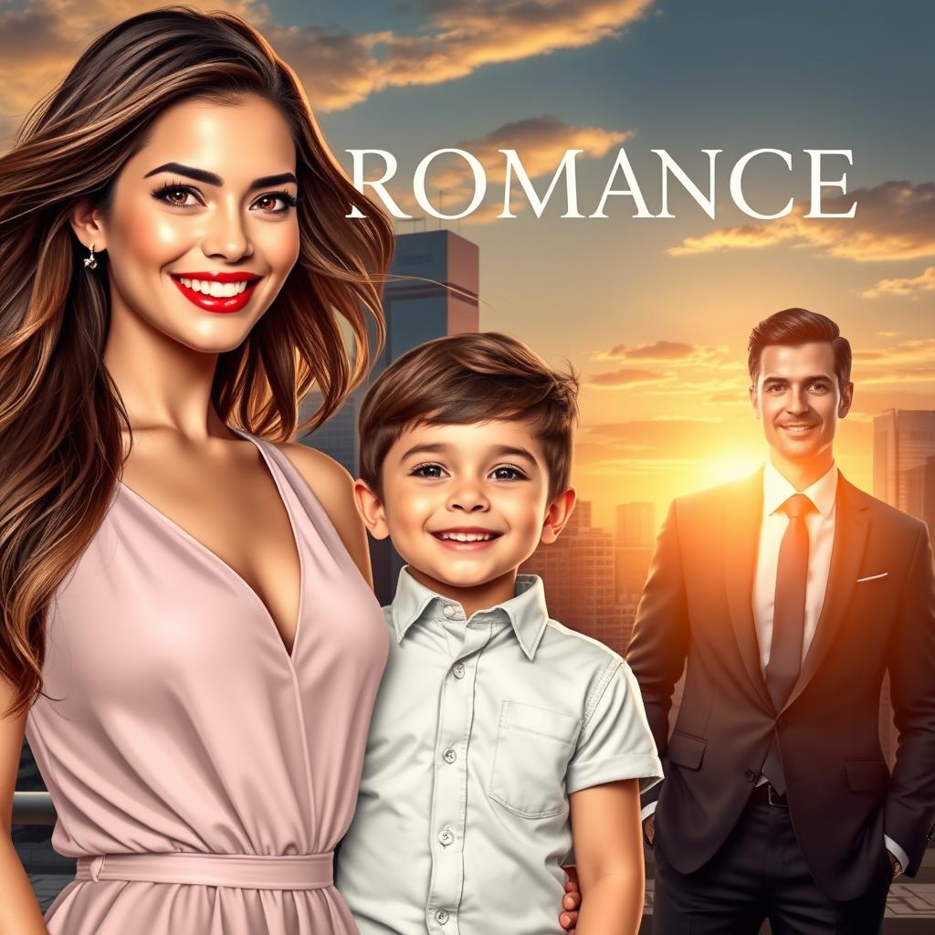 A captivating romance novel cover featuring a beautiful young woman with flowing hair and a warm smile, standing elegantly beside a charming 6-year-old boy with bright eyes and a playful grin
