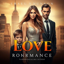 A captivating romance novel cover featuring a beautiful young woman with long flowing hair and a charming dress, standing beside a 6-year-old boy with an innocent expression, and a handsome, strong CEO with an intense gaze and no smile