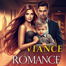 A captivating romance novel cover featuring a beautiful young woman with long flowing hair and a charming dress, standing beside a 6-year-old boy with an innocent expression, and a handsome, strong CEO with an intense gaze and no smile