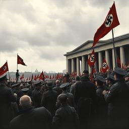 A historical depiction of a gathering in Nazi Germany, set in the 1930s, featuring elements of the period such as soldiers in military uniforms, swastika flags, and an imposing architecture of the time
