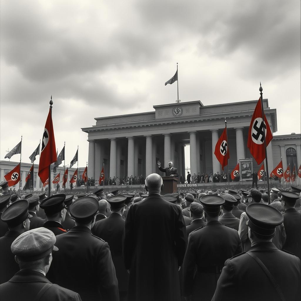 A historical depiction of a gathering in Nazi Germany, set in the 1930s, featuring elements of the period such as soldiers in military uniforms, swastika flags, and an imposing architecture of the time