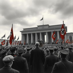 A historical depiction of a gathering in Nazi Germany, set in the 1930s, featuring elements of the period such as soldiers in military uniforms, swastika flags, and an imposing architecture of the time