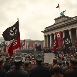 A historical depiction of a gathering in Nazi Germany, set in the 1930s, featuring elements of the period such as soldiers in military uniforms, swastika flags, and an imposing architecture of the time