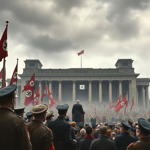 A historical depiction of a gathering in Nazi Germany, set in the 1930s, featuring elements of the period such as soldiers in military uniforms, swastika flags, and an imposing architecture of the time