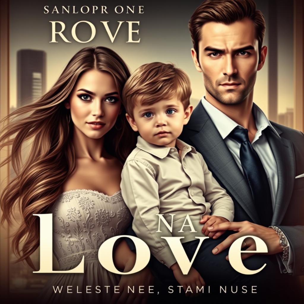 A captivating romance novel cover featuring a beautiful young woman with long flowing hair and a charming dress, standing beside a 6-year-old boy with an innocent expression, and a handsome, strong CEO with an intense gaze and no smile