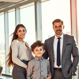 A stunning and beautiful young woman standing confidently beside a handsome and strong CEO, who has a serious expression
