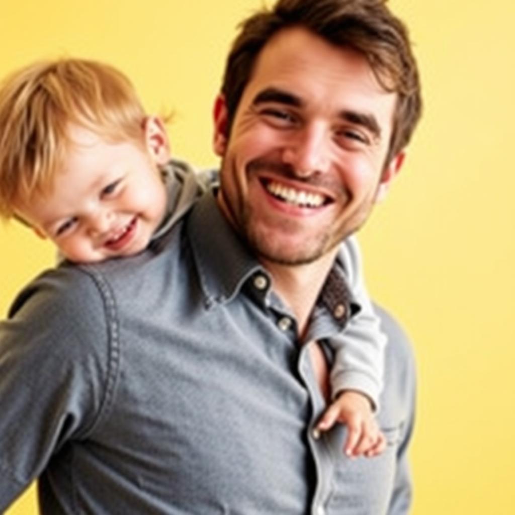 A joyful scene depicting a man with a charming smile, playfully interacting with a young child who is hanging out from his neck in a safe and affectionate manner